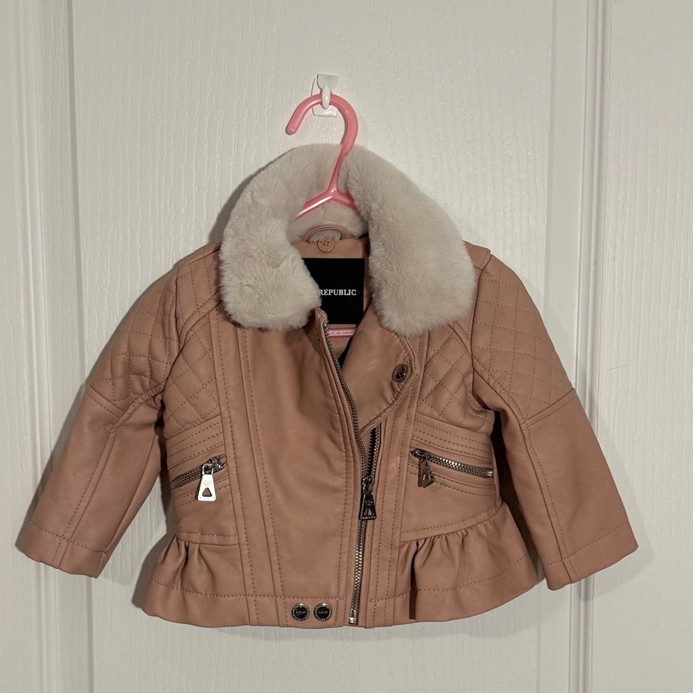 Urban Republic Pink Faux Leather Jacket with White Fur Collar